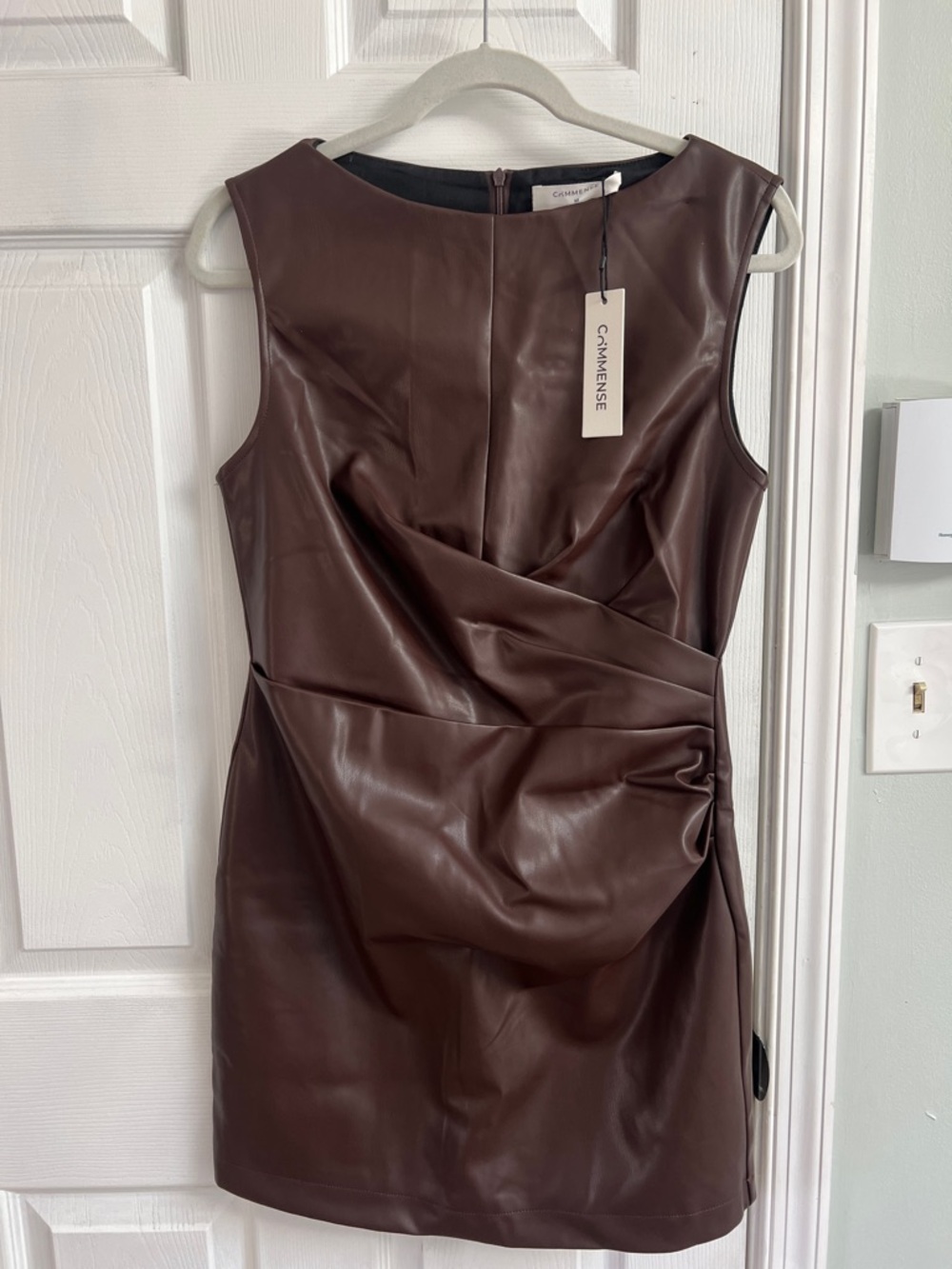 Commense Brown Faux Leather Mini Dress